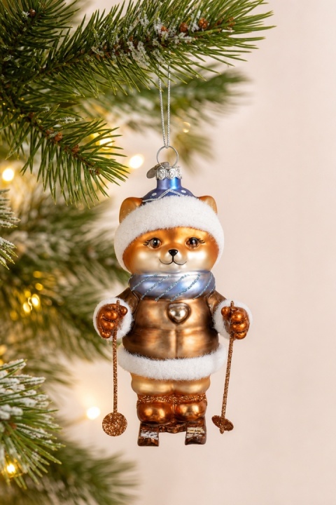 Glass ornament: Skiing bear in a hat (124029)