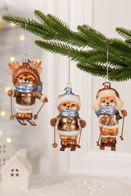 Glass ornament: Bear in an aviator hat skiing (124029)