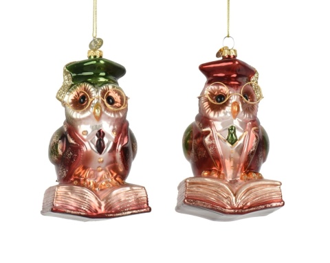Glass ornament: Owl on a book, green hat (124010)