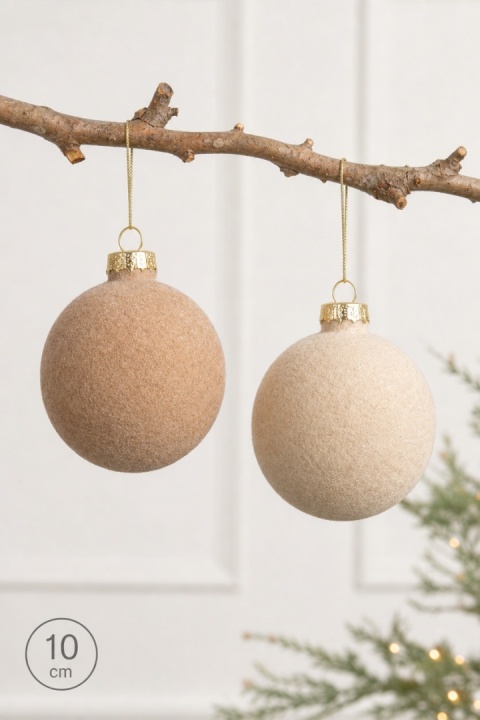 Set of 4 glass baubles, 10 cm diameter, velour finish, beige mix (062288)