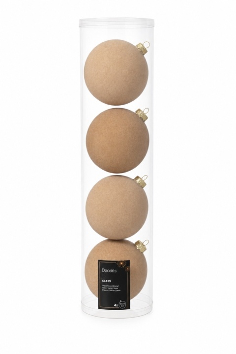 Set of 4 glass baubles, 10 cm diameter, velour finish, beige mix (062288)