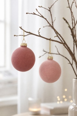 Set of 4 glass baubles, 10 cm diameter, velvet finish, mixed pink shades (062289)