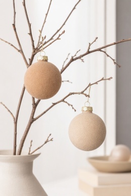 Set of 6 glass baubles, 8 cm diameter, velour finish, beige mix (062282), tube packaging.