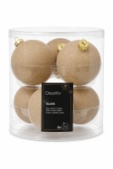 Set of 6 glass baubles, 8 cm diameter, velour finish, beige mix (062282), tube packaging.