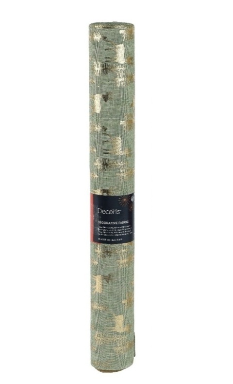 Materiał dekoracyjny len khaki złote renifery i choinki (463453) 35x200cm