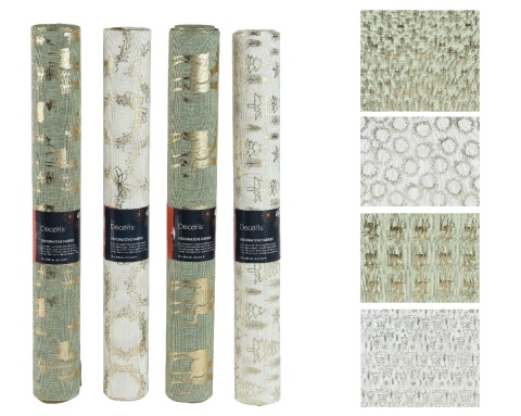 Materiał dekoracyjny len khaki złote renifery i choinki (463453) 35x200cm
