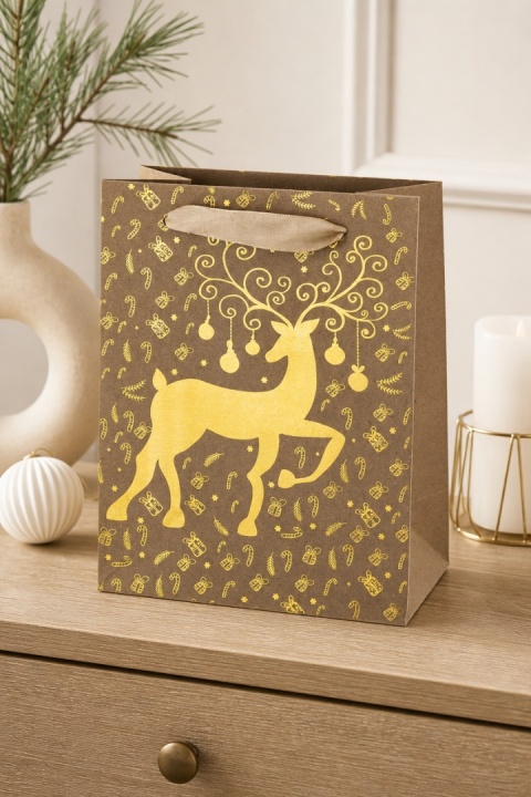 Torebka na prezenty średnia złoty renifer (162922) h:32x26x12cm