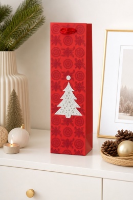 Red paper wine bag with a white Christmas tree (115885)