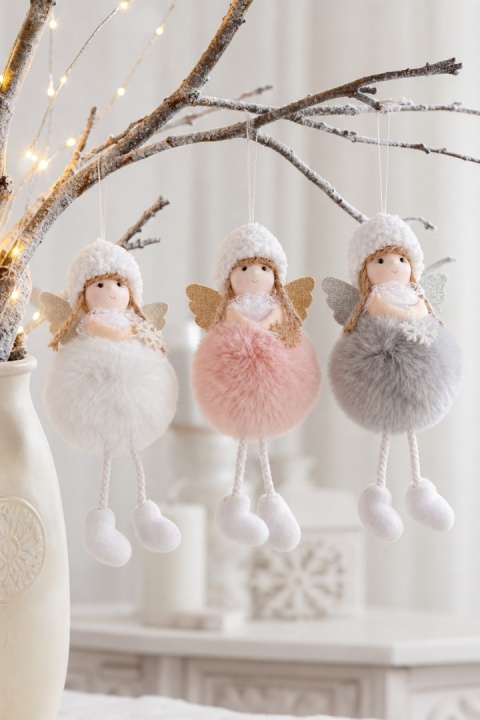 Zawieszka aniołek 18cm pompon futerko ruchome nóżki 3kolory (DT-201-0082) -40%