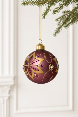 8 cm dark pink glass bauble with a gold flower and stones (071579)