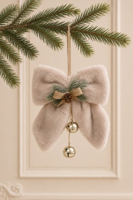 Beige faux-fur bow (512149) with decorative spray and bells