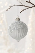 Light grey ribbed glass bauble (spinning-top shape) with glitter (071270)