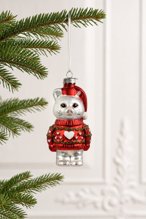 Glass ornament: Kitten in a red sweater with hearts (E) (124121)