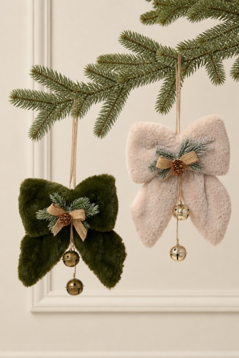 Beige faux-fur bow (512149) with decorative spray and bells