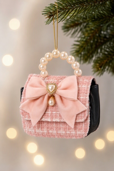"Coco Elegance" handbag charm - pink and white check with pearls (202160)