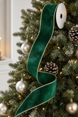 Bottle green velvet ribbon on a spool with a gold edge (RF0538)