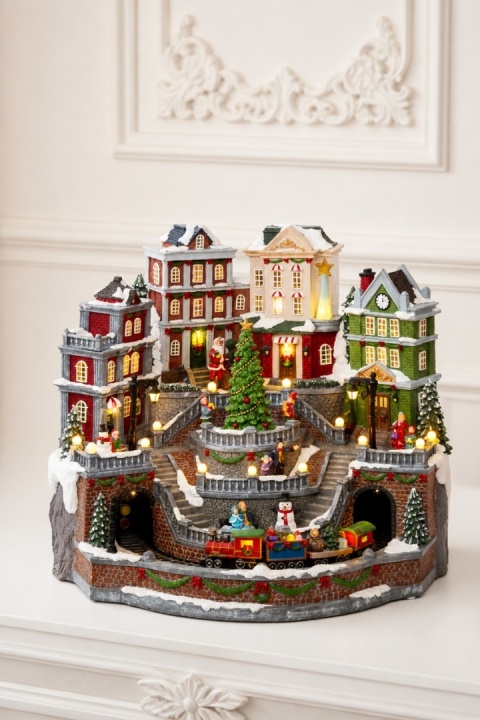 Animated LED town scene with moving Christmas tree and train, plays 8 melodies (489365)