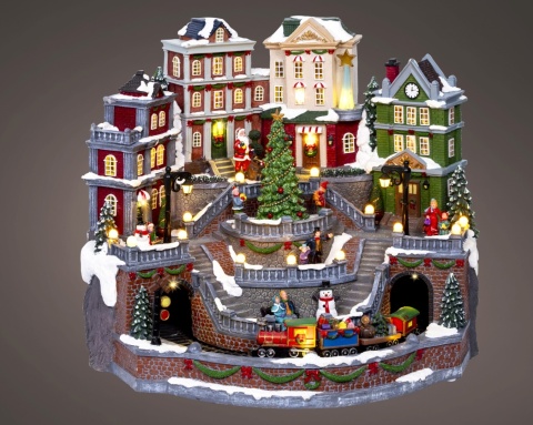 Animated LED town scene with moving Christmas tree and train, plays 8 melodies (489365)