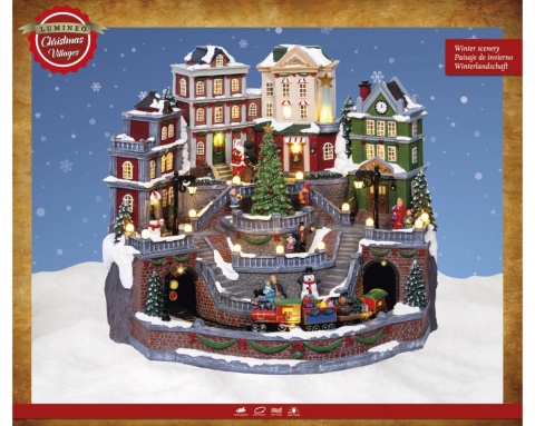 Animated LED town scene with moving Christmas tree and train, plays 8 melodies (489365)