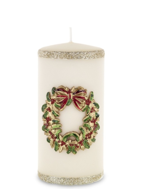 Ecru pillar candle 70x140 with wreath (163488)