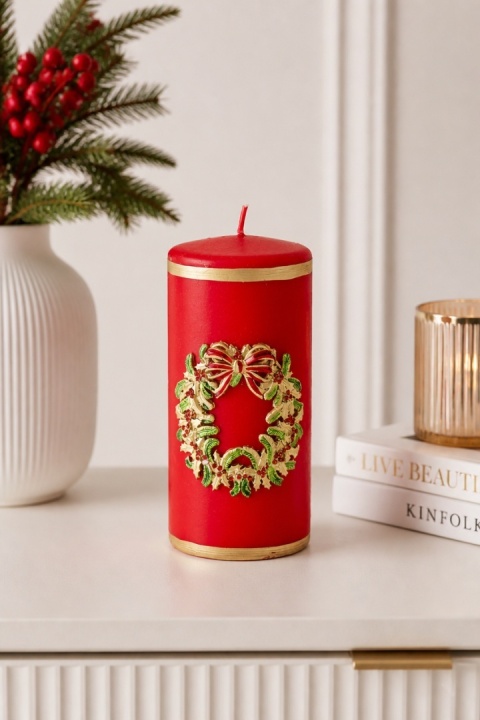 Red pillar candle 70x170 with wreath (163492)