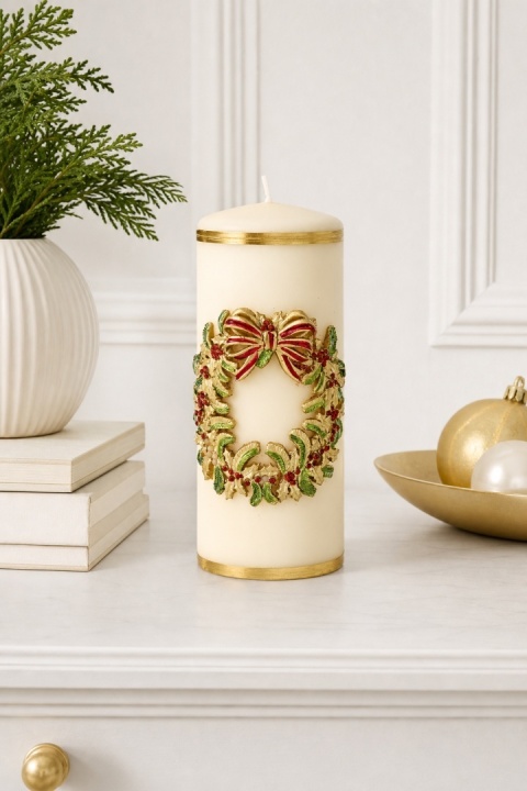 Large ecru pillar candle with a wreath 70x170(163489)