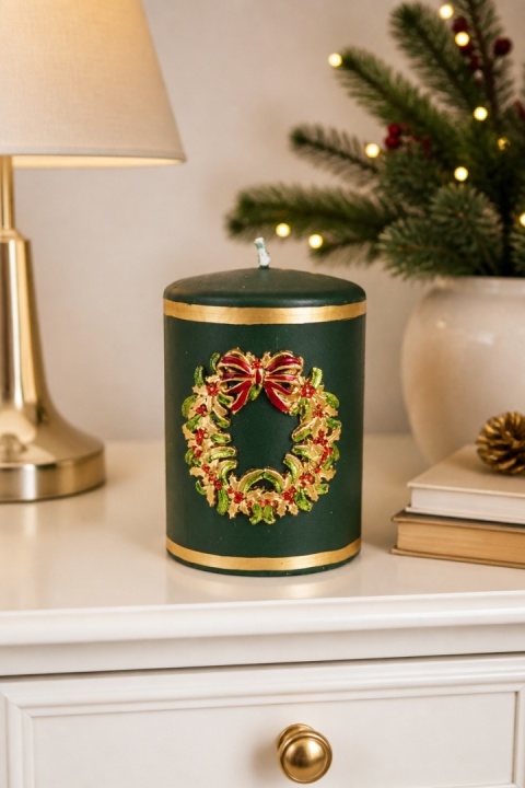 Green pillar candle 70x100 with wreath (BT0003-W-20; 163493)