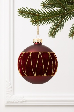 8 cm matte burgundy glass bauble with a glittery velvet appliqué (545707)