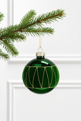 8 cm glass bauble, glossy green finish, velvet appliqué with glitter (545707)
