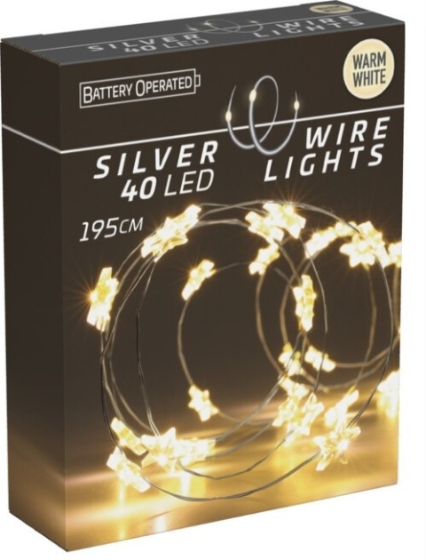 Lampki na druciku 40LED gwiazdki białe ciepłe 195cm na baterie(AX9731660)