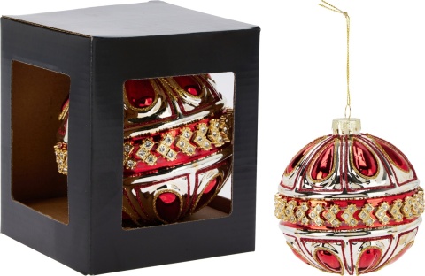 Glass bauble 10cm embossed red with zircons (523401)-10%