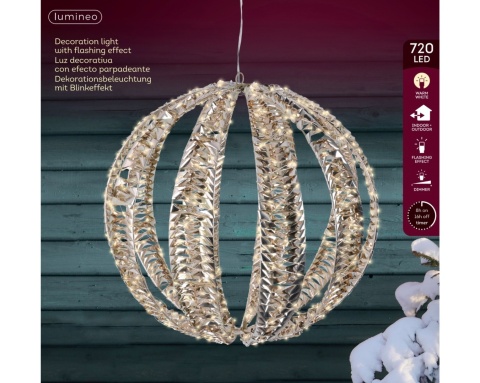 Gold metallic-finish sphere, 50 cm, 720 LEDs, twinkle effect, timer (490405), indoor/outdoor, extra warm white