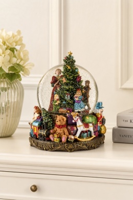 15 cm water globe with LED scene, swirling snow, and music box (131598) 2xAA batteries.