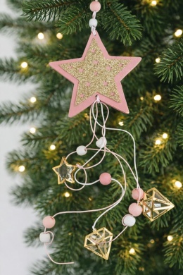Zawieszka gwiazdka drewniana różowa brokatowa z diamencikami (AF8124-39)-30%