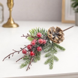 Pik 27cm z szyszką i czerwonymi owocami śnieżony (CV29671) -20%