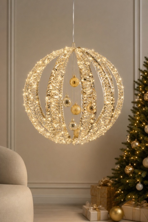Gold metallic-finish sphere, 50 cm, 720 LEDs, twinkle effect, timer (490405), indoor/outdoor, extra warm white