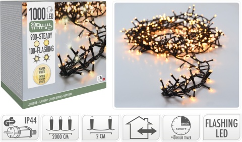 Lampki 1000LED gęste 20m ciepłe+ amber timer flash (AGL000920)