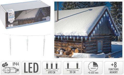 Kurtynka sople lodowe 72LED zimne 8f. timer 6,9m (AX8103100)