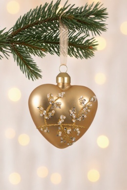 Matte gold glass heart ornament with beads and glitter (071488)