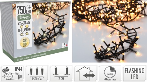 Lampki 750LED gęste 15m ciepłe+ amber timer flash (AGL000910)