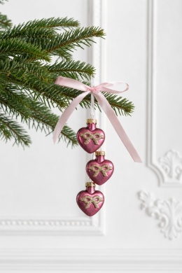 Hanging decoration: 3 small glass hearts, matte dark pink (123816)