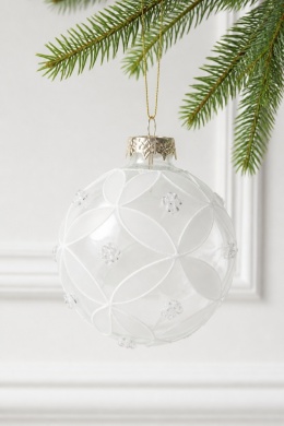 Transparent white glass bauble, 8 cm, with stones (551489)