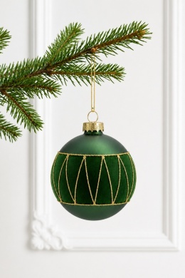 8cm matte green glass bauble, velvet application with glitter (545707)