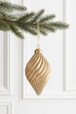Ribbed glass icicle ornament, matte gold with gold glitter (071701)