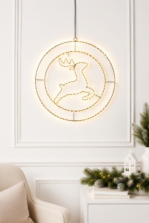 Reindeer outline inside a bauble, 275 warm white LEDs, 52 cm diameter, flash function and timer (AMZ130370)