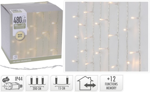 Kurtyna 480LED 12 funkcji szer.2m*h3m 240V wew/zew (AX8405860) b.ciepła transp. kabel
