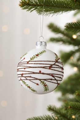 8cm white opal glass bauble with twig design (071444)
