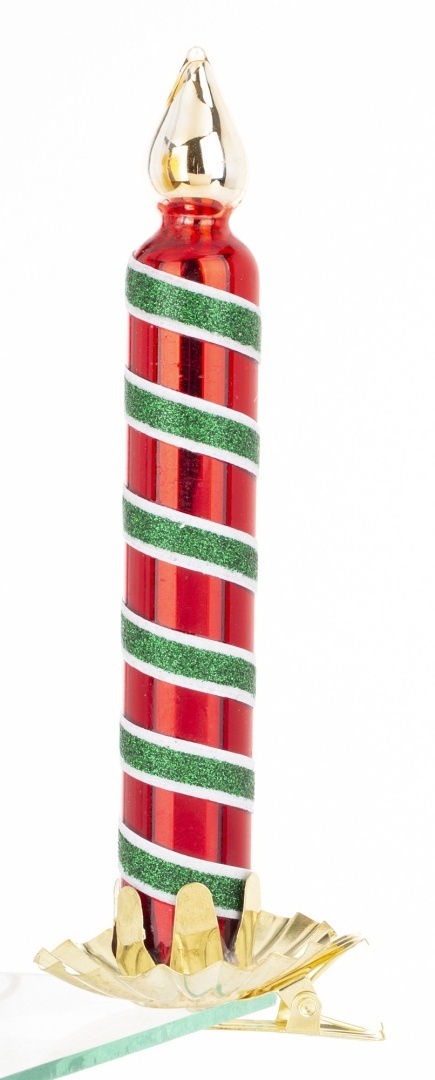 Glass ornament: Red and green candle on a clip (179942)