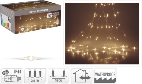 200-LED wire string lights, 10 strands × 200 cm, warm white, 230V (AX5701510; AX8702520)