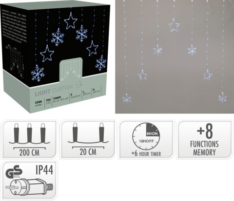 Kurtyna 200x200cm 266LED zimna mix gwiazdki śnieżynki (AVX100620) 8f. timer